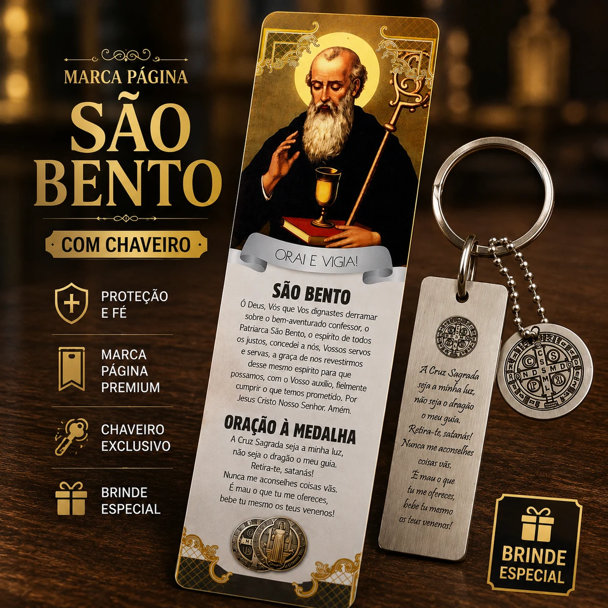 Brinde marca-página com chaveiro de São Bento