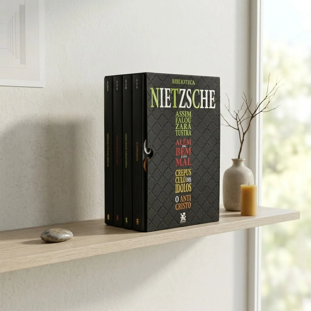Box Biblioteca Nietzsche sobre uma prateleira de madeira